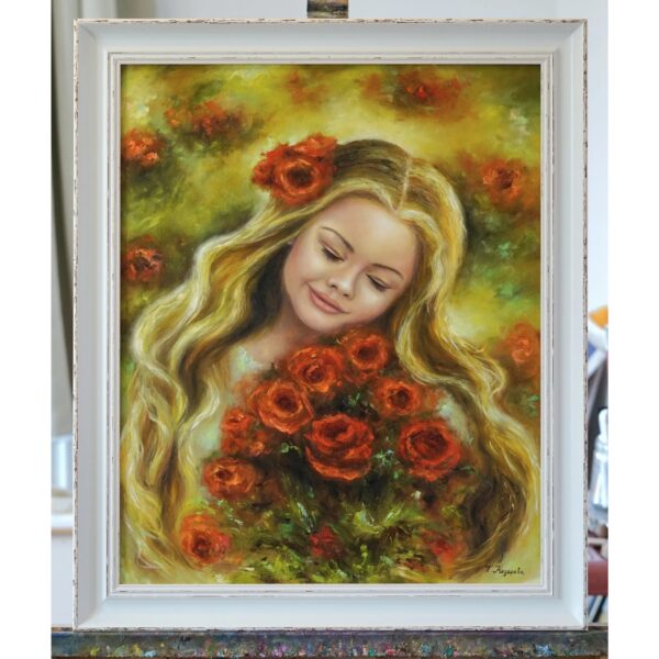 Картина Момиче с Рози Букет Маслена живопис