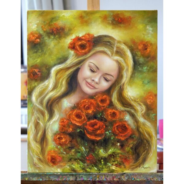 Картина Момиче с Рози Букет Маслена живопис
