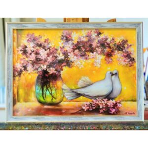 Картина Принт Влюбени гълъбчета Ваза с цъфнали клонки